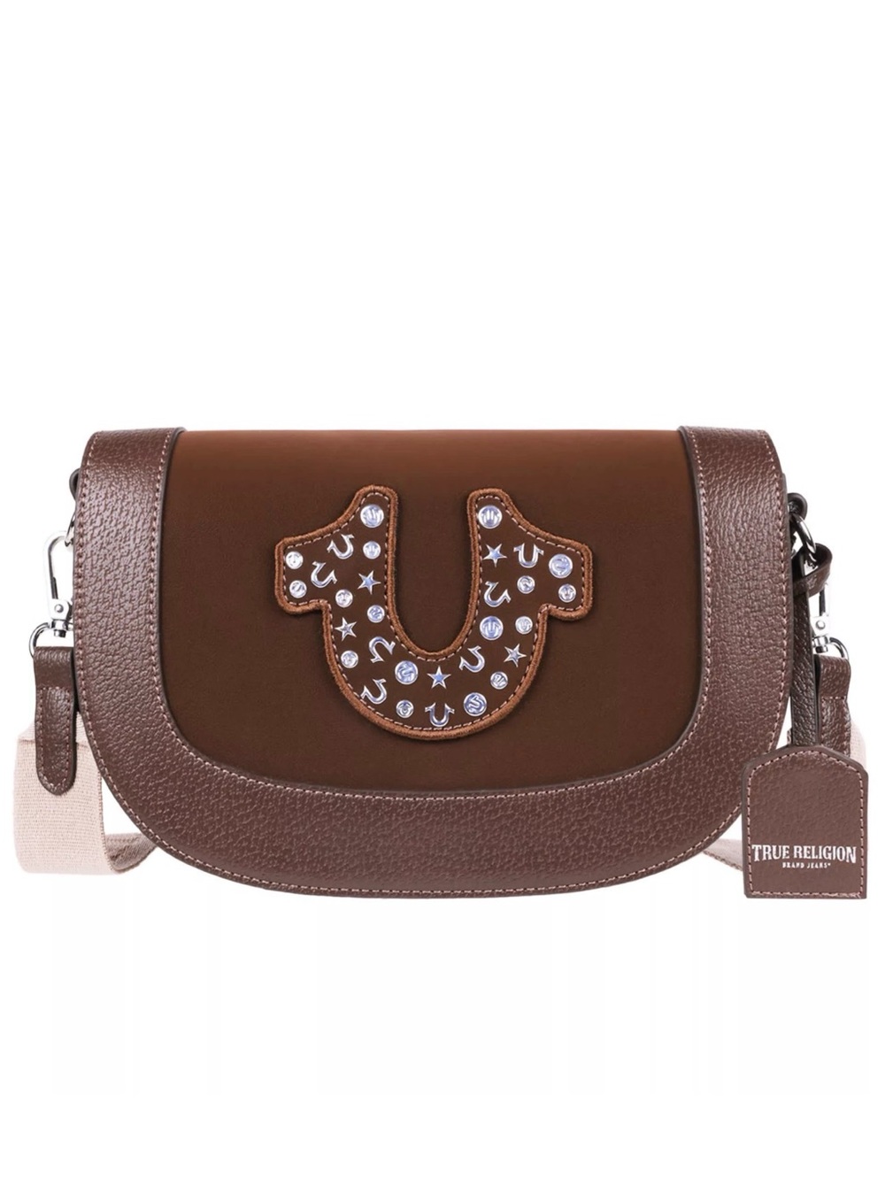 True Religion Brown Studded Crossbody Bag with Logo Patch